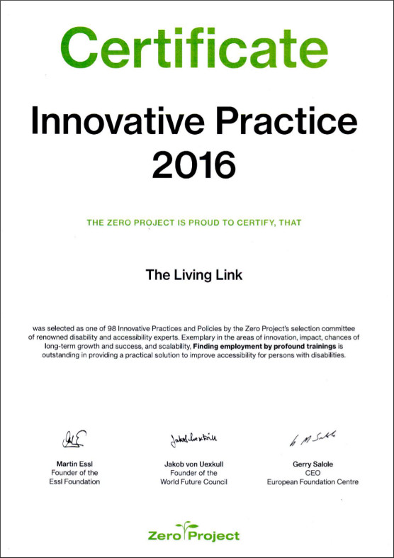 Zero Project 2016 Certificate